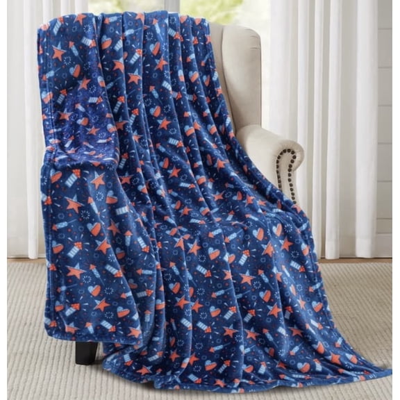 Serafina Home Summer Patriotic Velvet Fleece Throw Blanket: 4th of July Decor America Stars Stripes Rocket ships Fireworks on a Navy Background Design, Oversized 50" x 70"