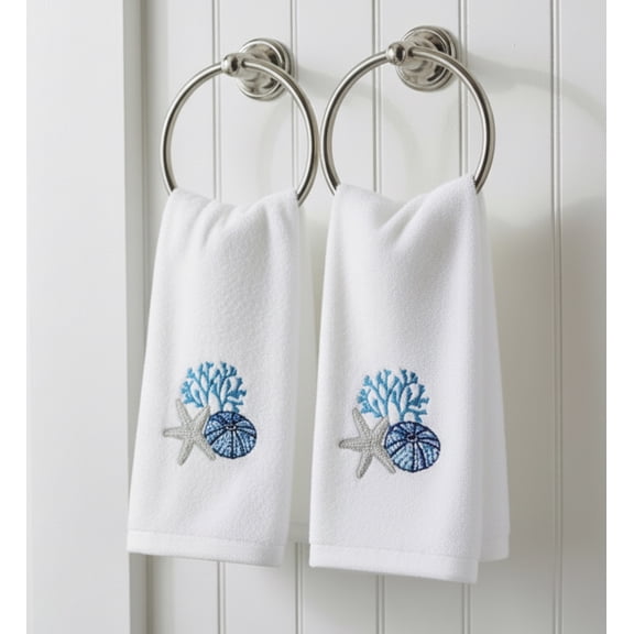 Serafina Home Summer Soft Absorbent Bathroom Coastal Guest Embroidered Fingertip Towels: Sea Life Shell Starfish Coral Design, 2 Piece 12" x 18" Inches (Antigua Tip)
