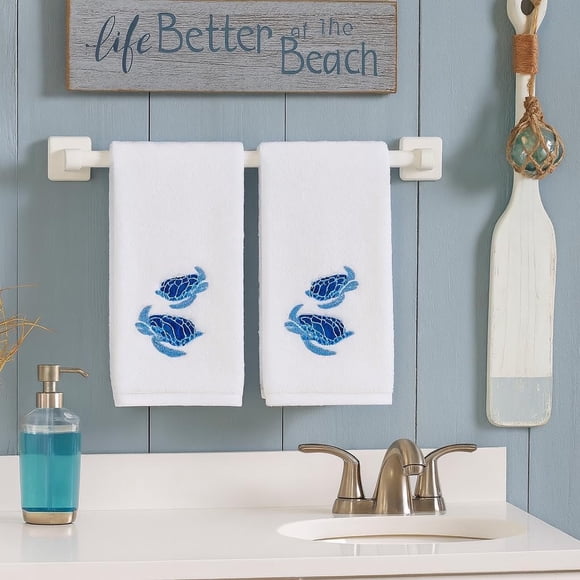 Serafina Home Summer Soft Absorbent Guest Bathroom Sea Turtle Hand Towels: Aqua Blue Turquoise Royal Blue Embroidery Design, 2 Piece