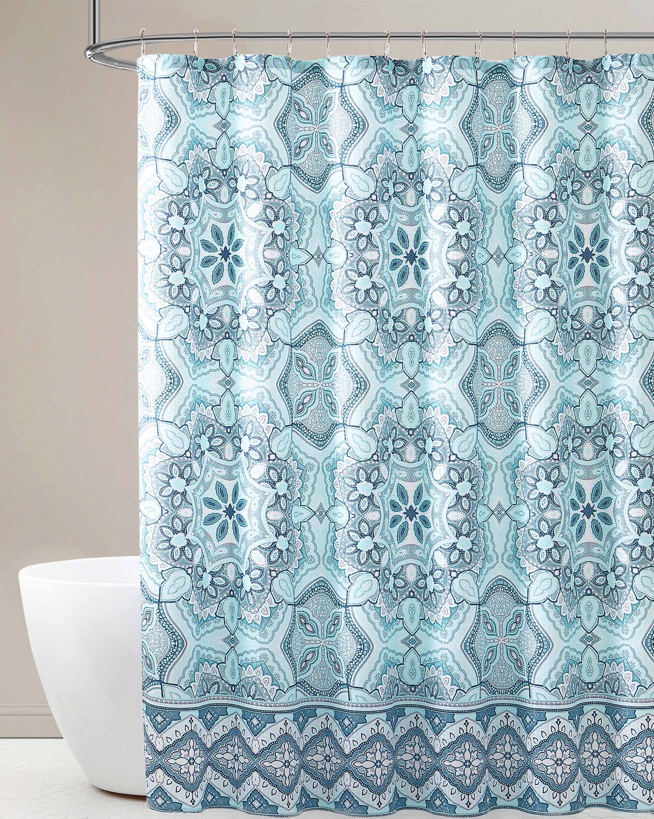 Serafina Home Teal Aqua Fabric Shower Curtain Floral Gems Mandala