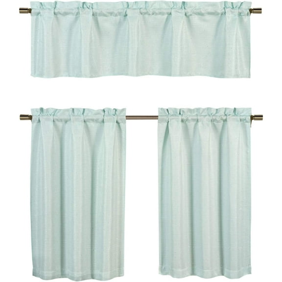 Serafina Home Textured Sequin Jacquard Kitchen Tier & Valance Set | Small Window Curtain for Cafe, Bath, Laundry, Bedroom, Spa Blue