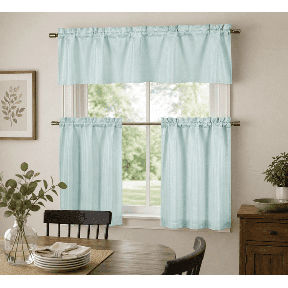 Serafina Home Textured Sequin Jacquard Kitchen Tier & Valance Set | Small Window Curtain for Cafe, Bath, Laundry, Bedroom, Spa Blue
