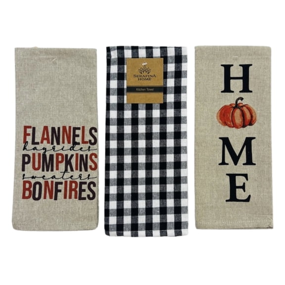 Serafina Home Thanksgiving Fall Flannels, Pumpkins And Bonfires Kitchen Dish Towels, Set Of 3