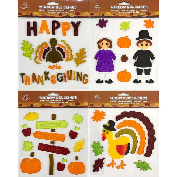 Serafina Home Thanksgiving Pilgrims Harvest Pumpkin Leaves Turkey Gel Window Clings