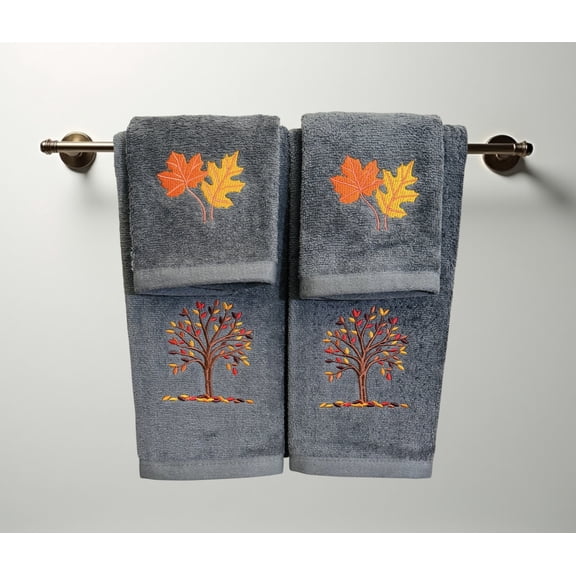 Serafina Home Thanksgiving Harvest Guest Hand & Fingertip Bathroom Bundle 4 Pc Set - Plush Grey Cotton Embroidered Grey Autumn Tree and Leaves - 16 x 25, 12 x 18 Bath Home Decor
