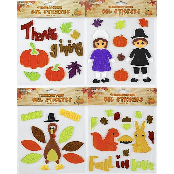 Serafina Home Thanksgiving Holiday Gel Window Clings Decorations: Pilgrims, Pumpkin, Leaves, Turkey, and Greetings (Mr. Turkey Feathers)