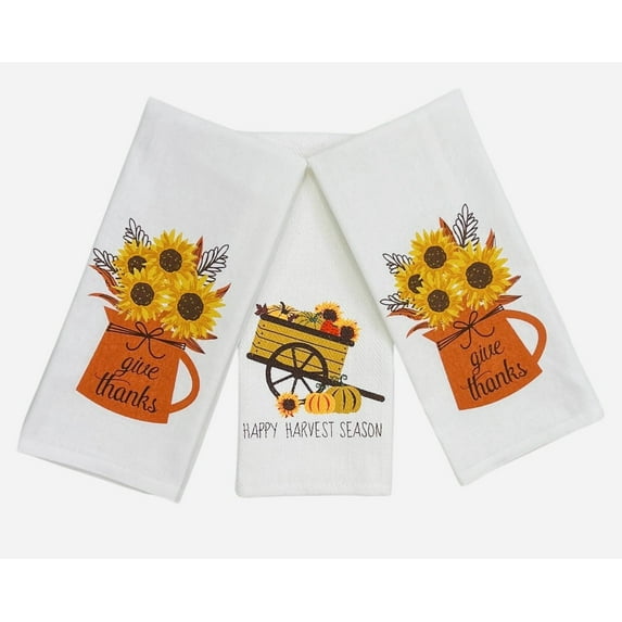 Serafina Home Thanksgiving Kitchen Dish Hand Towels: Sunflowers Happy Harvest Season, 100% Cotton 15" x 25"