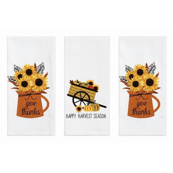 Serafina Home Thanksgiving Kitchen Dish Hand Towels: Sunflowers Happy Harvest Season, 100% Cotton 15" x 25"