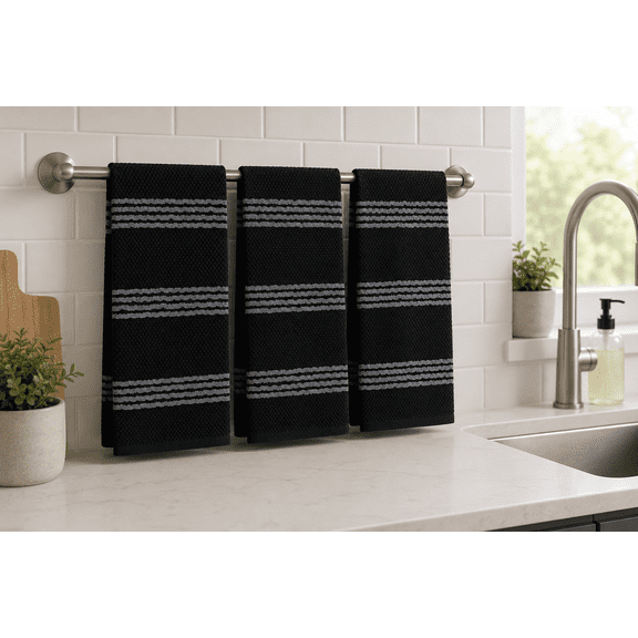 Serafina Home Kitchen Towels- Set of 3 100% Cotton Black with Woven Grey Horizontal Stripe Pattern Design- 16 x 26 Multipurpose Towels for Everyday Use