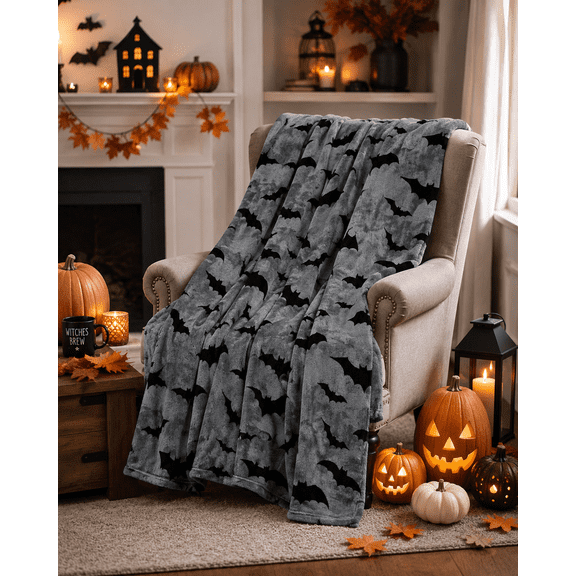 Serafina Home Halloween Throw Blanket : Black Bats on Gray Velvet Soft Fleece 50" x 70" for Sofa Bed Couch Chair Dorm