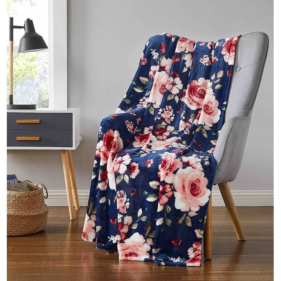 Serafina Home Throw Blanket: Velvelty Soft, Durable Fleece Accent for Bed or Couch (Navy with Pink Roses, 50 x 70 inches)