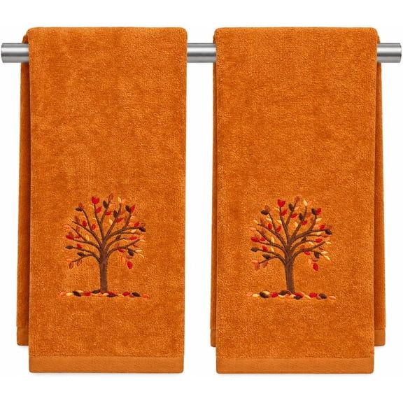 Serafina Home Fall Bath Hand Towels Bathroom Decor Farmhouse : Terracotta Rust Cotton Towels with Autumn Tree Falling Leaves 2 Piece Set