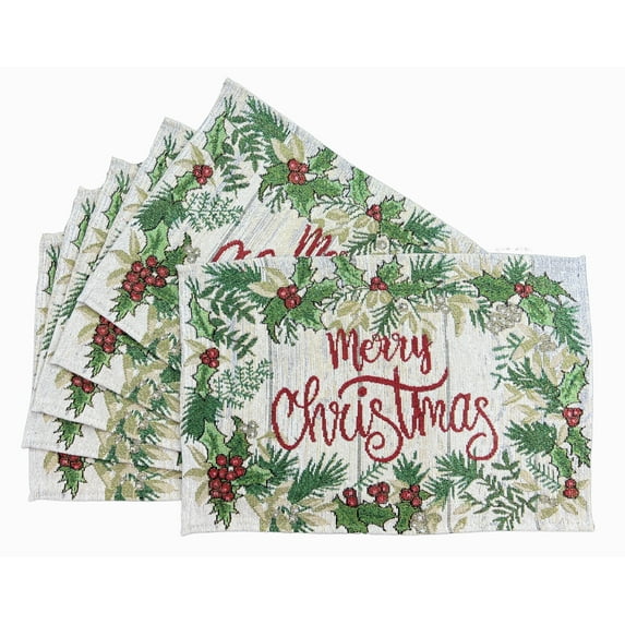 Serafina Home Traditional Elegant Christmas Tapestry Placemats with Poinsettias and Pine, Set of Six (6) Colorful Tapestry Weave Fabric, for Holiday's, Thanksgiving, Winter, Christmas (Traditional)