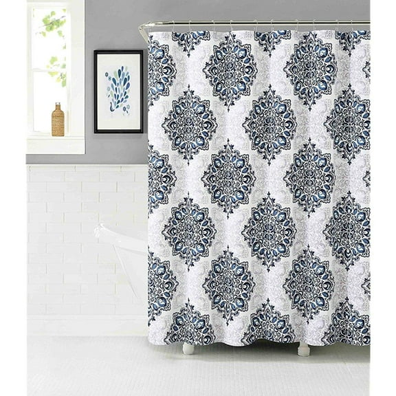 Serafina Home Tranquility Navy Blue White Fabric Shower Curtain: Floral Medallion Damask Design