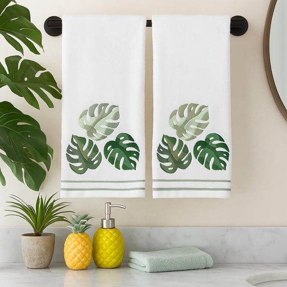 Tropical Bathroom Hand Towels- Set of 2 100% Cotton White Embroidered Palm Leaves Design- 16 x 25 Bath & Kitchen Decor