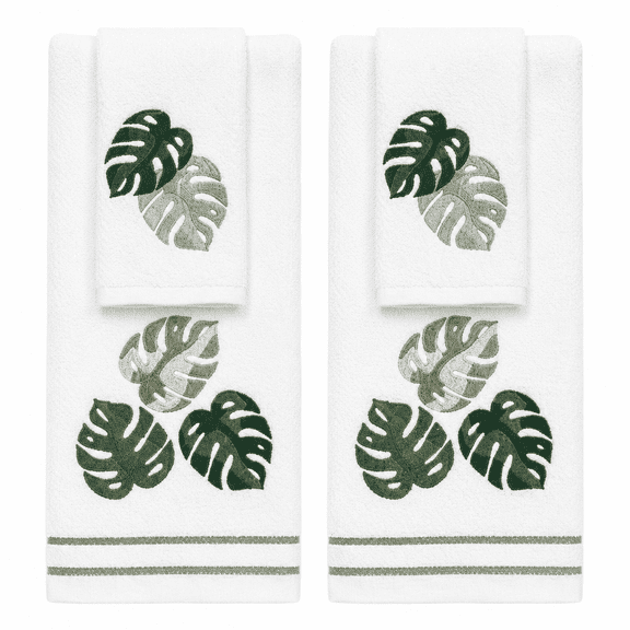 Serafina Home Tropical Palm Leaves Theme Bath Towels Set, 4 Pieces, Embroidered Monstera Leaves, 100% Cotton 2 Fingertip Towels & 2 Hand Towels