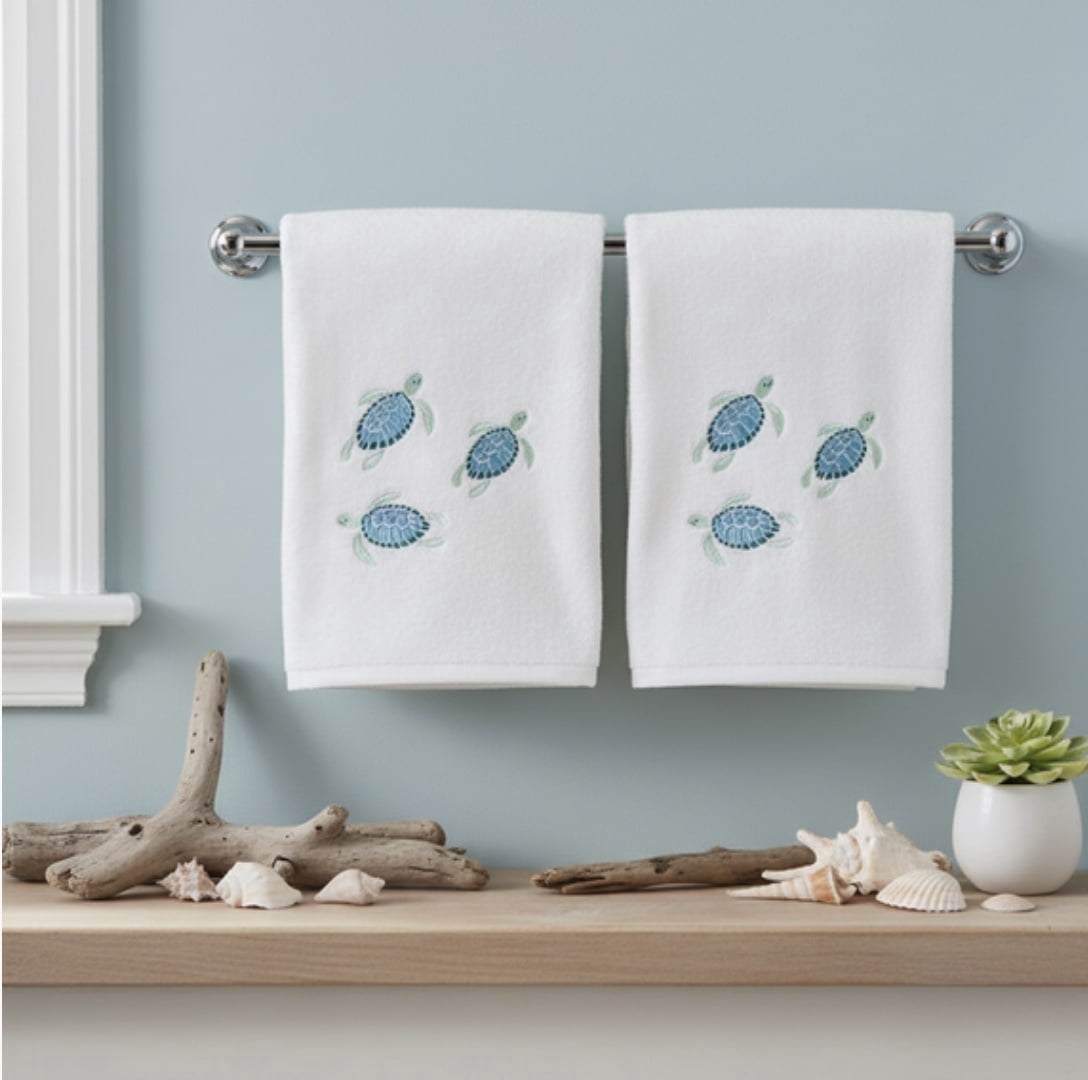 Serafina Home Turtle Bath Towels: Summer Nautical Soft Absorbent Guest Sea Turtle Decor: Aqua Blue Turquoise Embroidery Design, 2 Piece 27" x 54"Inches