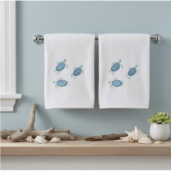 Serafina Home Turtle Bath Towels: Summer Nautical Soft Absorbent Guest Sea Turtle Decor: Aqua Blue Turquoise Embroidery Design, 2 Piece 27" x 54"Inches