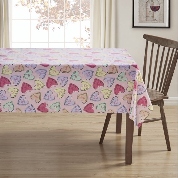 Serafina Home Valentine Vinyl Flannel Backed Tablecloth for Dining Room Kitchen Table Decor: Valentine's Day Love Candy Hearts Themed Designs 60" x 90"