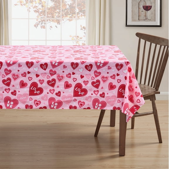 Serafina Home Valentine Vinyl Flannel Backed Tablecloth for Dining Room Kitchen Table Decor: Valentine's Day Love Wedding Red Hearts Themed Designs 52" x 70"
