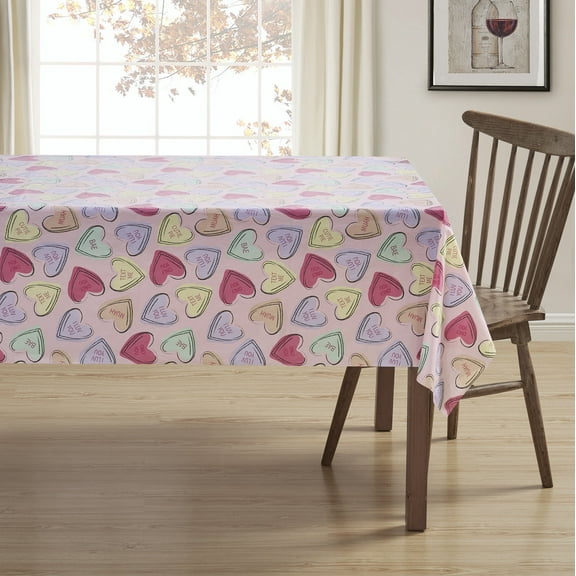 Serafina Home Valentine Vinyl Flannel Backed Tablecloth for Dining Room Kitchen Table Decor: Valentine's Day Candy Hearts Themed Designs 52" x 70"