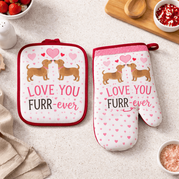 Serafina Home Valentine's Love You Furr-Ever Potholder And Oven Mitt Set