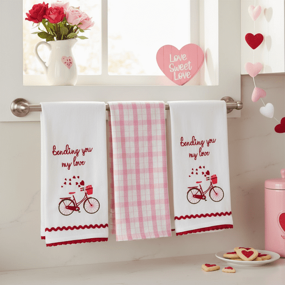Serafina Home Valentines Kitchen Towels: Sending You Love Bicycle and Cute Candy Striped XO Heart Towel Set, 3pc
