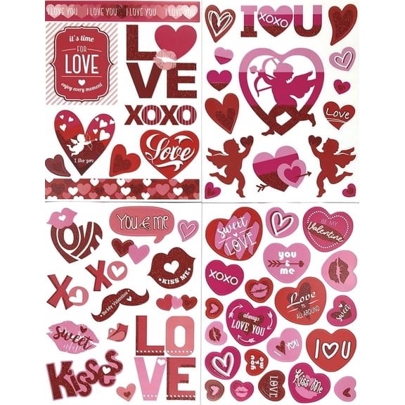 Serafina Home Valentines Vinyl Window Clings: Love Your Expressions with Hearts Fun Kiss Cupid XO and More, 4 Sheets (Traditional)