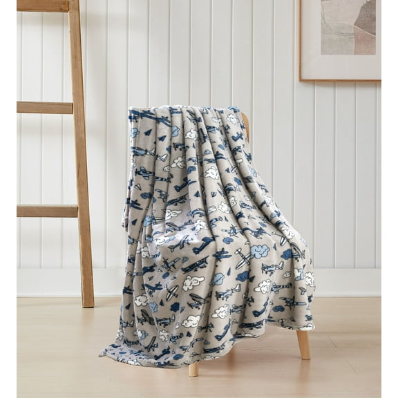 Serafina Home Velvety Soft Airplane Fleece Throw Blanket: Navy Blue White Grey Variety of Planes for Kids or Adults, Travel Wrap Comfort or Room Decor Accent 50" x 60"