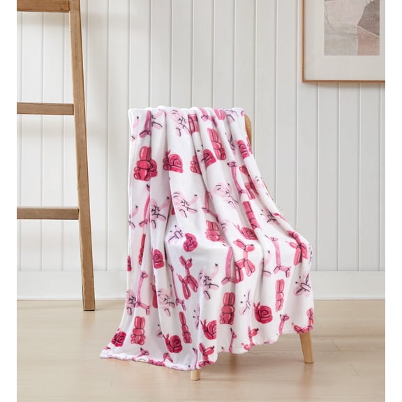 Serafina Home Velvety Soft Fleece Throw Blanket: Pink White Balloon Animals Gift Present Design Cozy Velvet Plush Blanket for Kids and Adults 50" x 60"