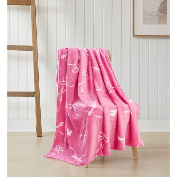 Serafina Home Velvety Soft Floral Fleece Throw Blanket, Pink Bows Pattern, Cozy Velvet Plush Blanket for Kids and Adults 50" x 60"