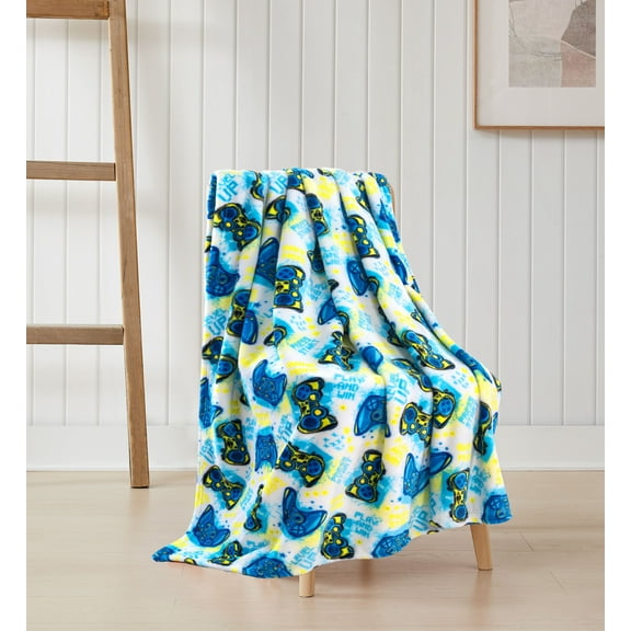 Serafina Home Velvety Soft Gamer Fleece Throw Blanket: Game Controller Level Up Press Start Navy Blue Yellow White for Kids or Adults, Travel Wrap Comfort or Room Decor Accent 50" x 60"