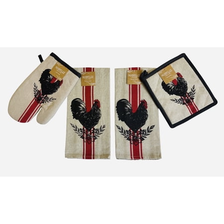 Serafina Home Vintage Farmers Roosters Kitchen Towels and Pot Holder: Print on Flat Cotton Weave (Beige and Red)