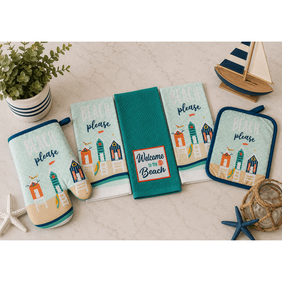 Serafina Home Welcome To The Beach Aqua Kitchen Towels And Oven Mitt Potholder Set Of 5