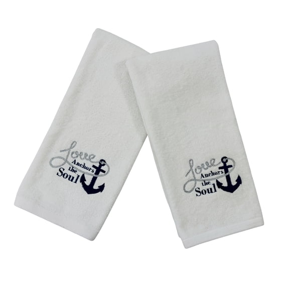 Serafina Home White Guest Hand Towels: Luxury Soft and Absorbent Embroidered 2 Piece, Love Anchors The Soul 16 by 25 Inch Each (Anchor Love)