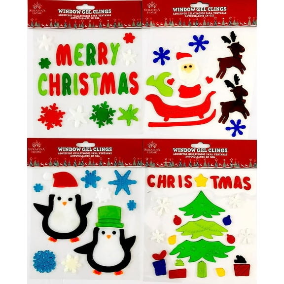 Serafina Home Winter Christmas Holiday Window Gel Clings: Merry Christmas! Santa Penguins Decorated Tree, Set of 4