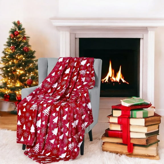 Serafina Home Winter Decorative Throw Blanket: Soft Velvet Plush, Red White In The Woods, 50" x 60"