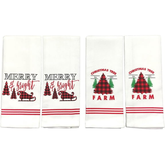 Serafina Home Christmas Kitchen Hand Towels: Decorative Farmhouse Check Sleigh Rides and Tree Farm Prints on Herringbone Cotton Weave with Easy Hang Fabric Loop