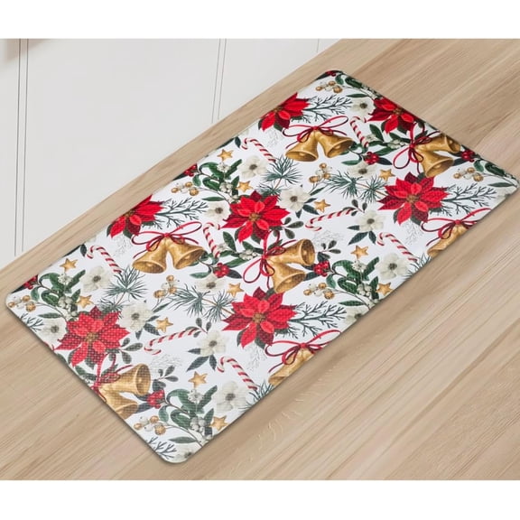 Serafina Home Winter Holiday Christmas Kitchen Mat - Poinsettia Bells Holly Candy Cane Snowflake Design - 17" x 28" Cushioned Anti-Fatigue Comfort Floor Mat