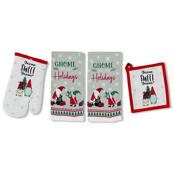 Serafina Home Winter Holiday Gnomes Kitchen Towel Pot Holder Set