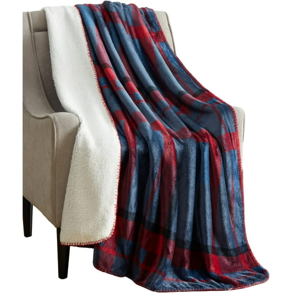 Serafina Home Winter Sherpa Throw Blanket: Tartan Plaid Red Grey Design Super Cozy Fuzzy Fleece Warm Plush Holiday Decorative Accent for Couch Sofa Chair Bed or Dorm