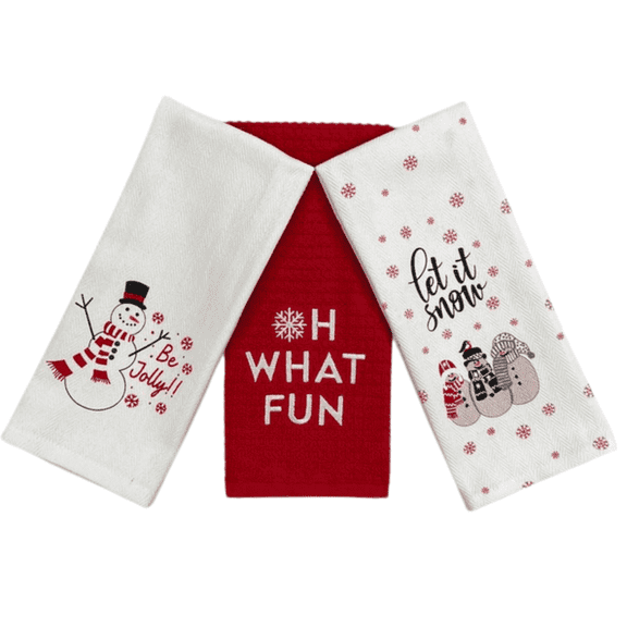 Serafina Home Holiday Christmas Kitchen Bath Dish Hand Towels: Be Jolly Let it Snow Herringbone and Oh What Fun Waffle Embroidered Designs, 3 pc Red White, 100% Cotton 15" x 25" Home Decor