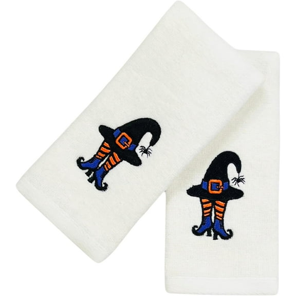 Serafina Home Halloween Fingertip Bathroom Towels Set of 2 – Cotton with Embroidered Witch Shoes & Cat Design – 12" x 18" Soft and Absorbent– Festive Fall Bathroom and Kitchen Decor