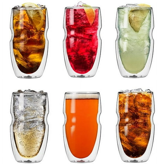 Serafino Double Wall 16 oz Iced Tea & Coffee Glasses - Set of 6 Insulated Drinking Glasses