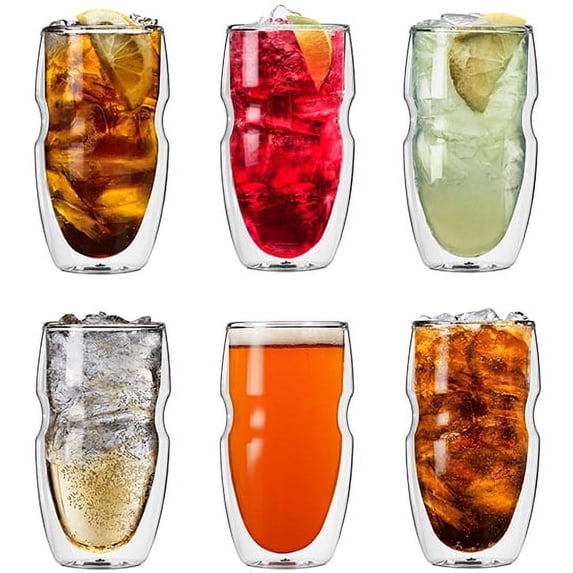 Serafino Double Wall 16 oz Iced Tea & Coffee Glasses - Set of 6 Insulated Drinking Glasses