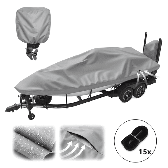 Seralis 16-18.5ft Boat Cover, 1200D Heavy Duty Trailerable Waterproof for V-Hull Bass Boats, Windproof Straps, 2-in-1 Motor Cover, up to 94" W, Grey