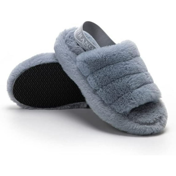 Seranoma Women's Faux Fur Slipper with Elastic Band Fluff Slide Slipper Light Blue, 7