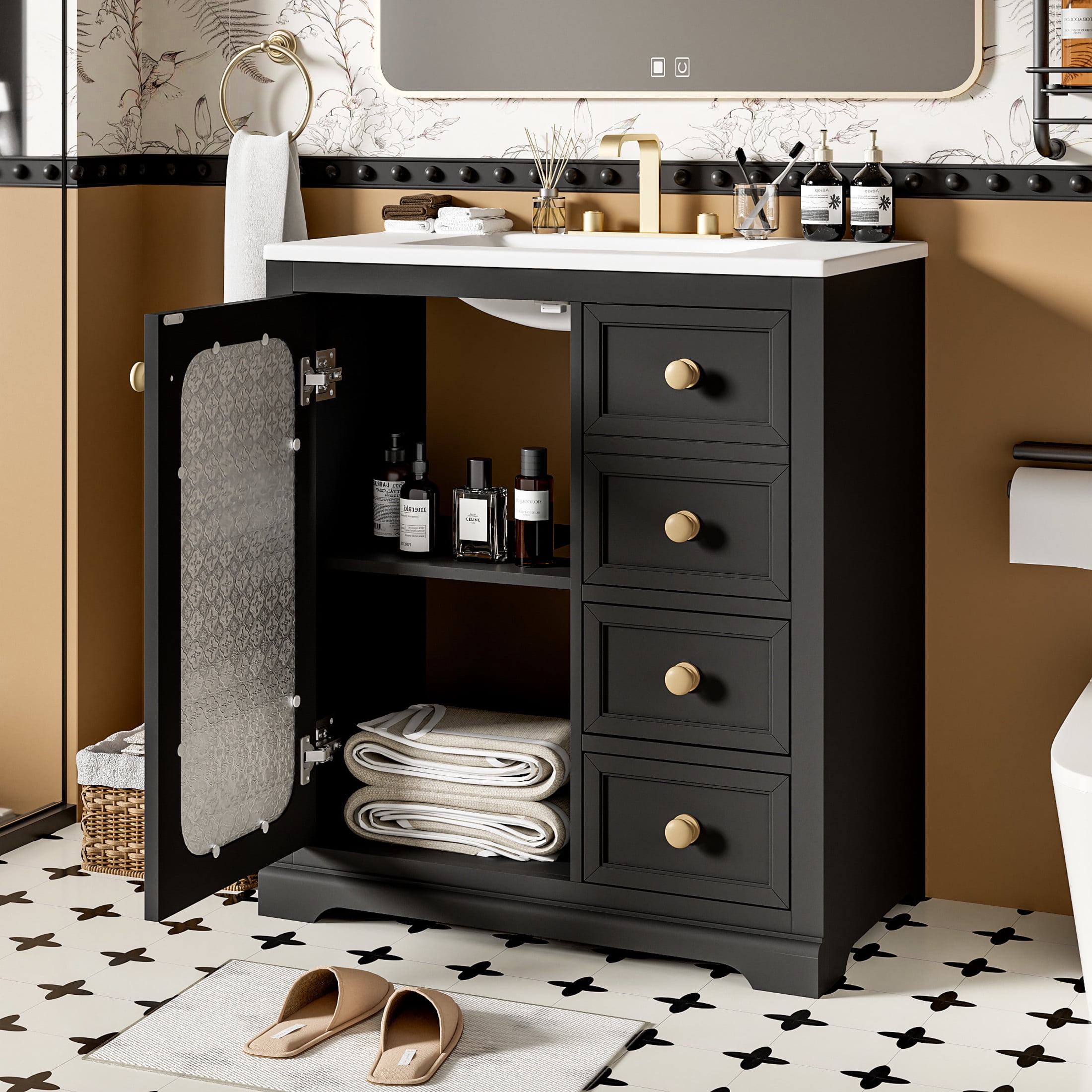 Seranor Modern Bathroom Vanity with Ceramic Sink, Shelves, Drawers, Wood, Black