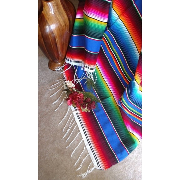 Serape Blue multicolored Mexican Blanket white fringe southwest Aztec X-LARGE
