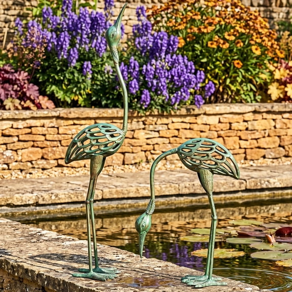 Seraphic Cast Iron Metal Crane/Heron Bird Garden Sculptures Statues for Indoor or Outdoor Lawn Decor, Antique Green, Set of 2